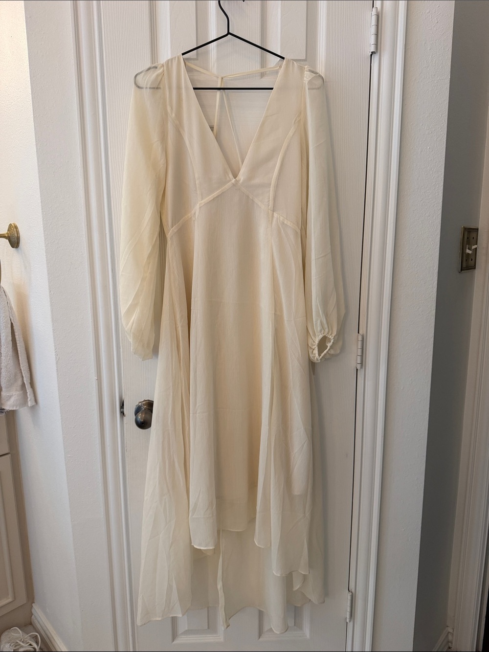 Joyfolie Sheer Cream High-Low V-Neck Dress